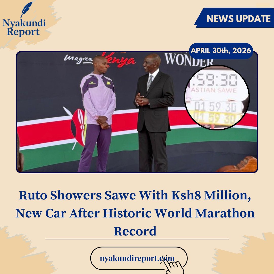 William Ruto has rewarded Kenyan marathon star Sabastian Sawe with Ksh8 million and a brand new vehicle after his record-breaking performance at the London Marathon.