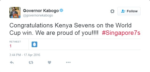 Buffoon: Kiambu Governor William Kabogo Congratulates #Kenya7s For Their WorldCup Win