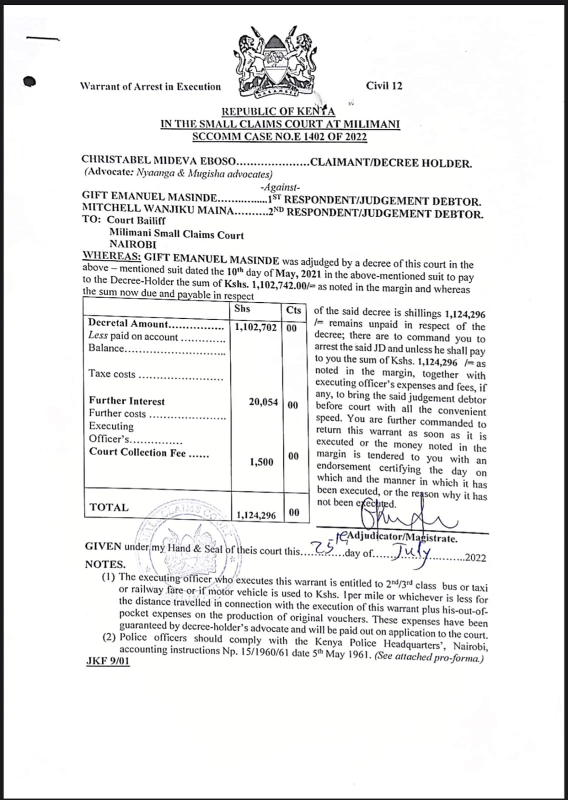 Gift Masinde Warrant of Arrest