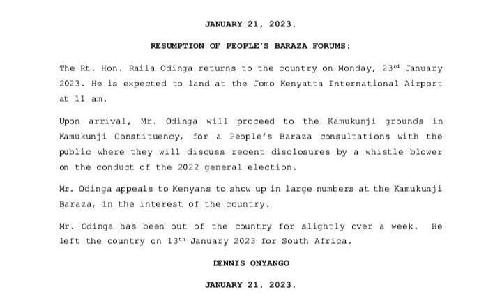 Raila Odinga's statement announcing resumption of 'People's Baraza Forums' to discuss recent election disclosures