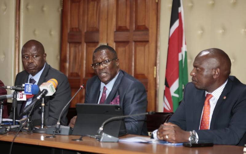 ICT CS Eliud Owalo (centre) and Media Council of Kenya CEO David Omwoyo during a past media address