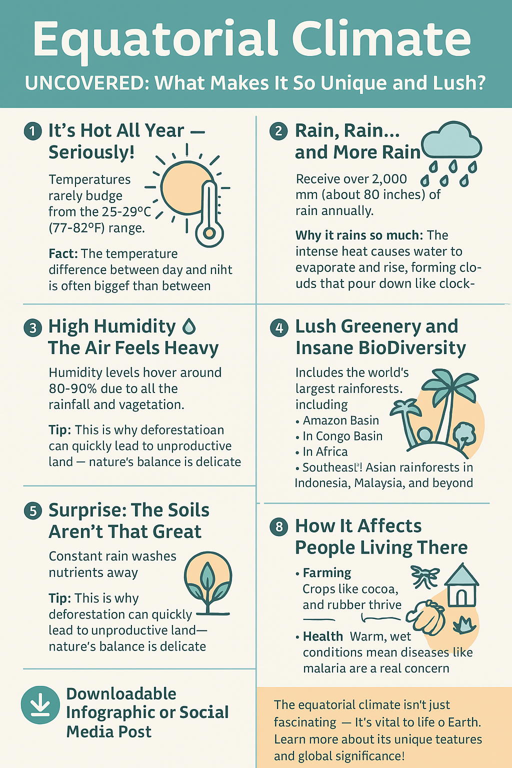 A colorful infographic titled "Equatorial Climate Uncovered" featuring key characteristics such as high rainfall, dense vegetation, consistent temperatures, and rich biodiversity. Illustrated with icons of rain, sun, forests, and wildlife to visually represent each feature of equatorial regions.