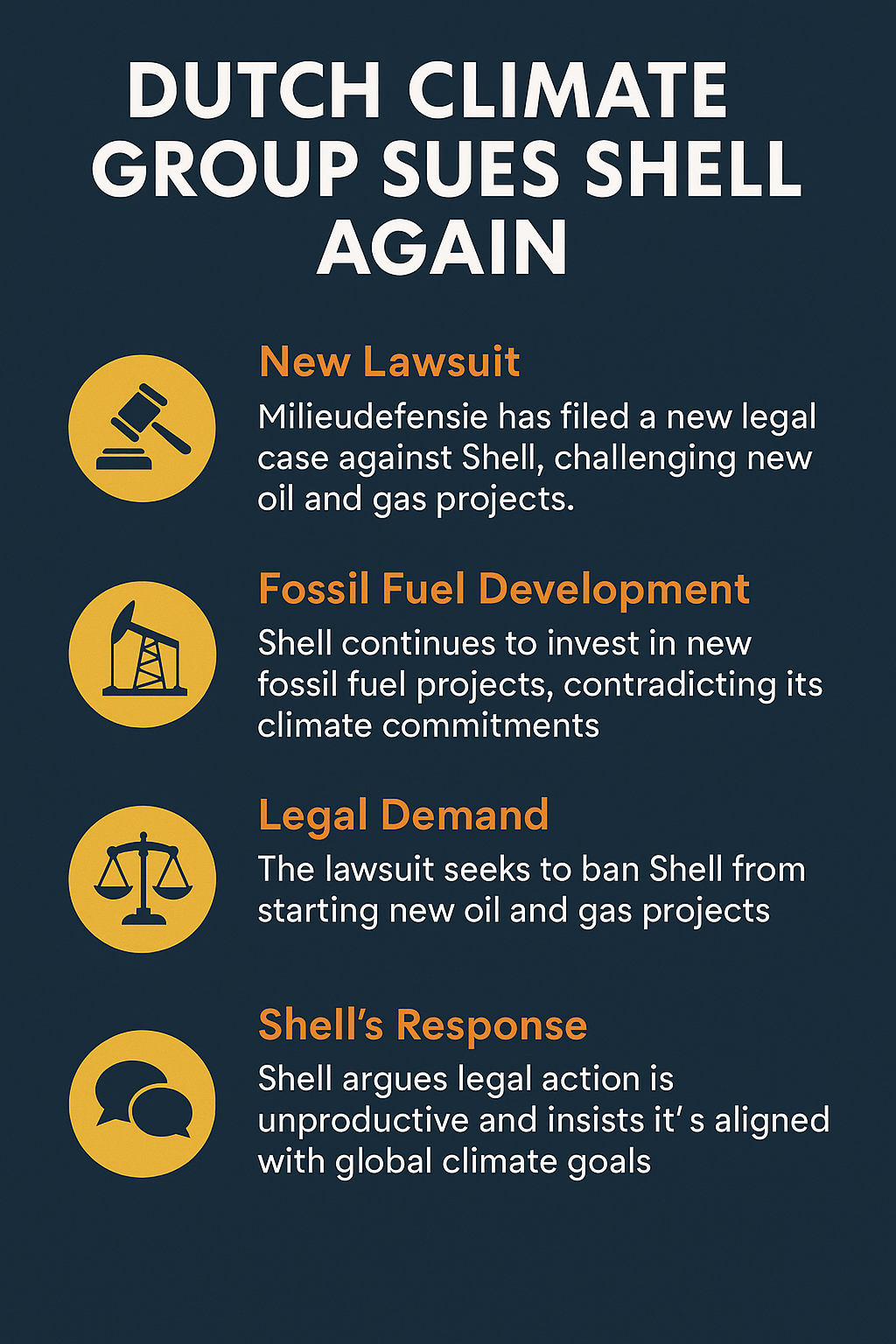 An infographic illustrating the Dutch climate group Milieudefensie’s new legal case against Shell, featuring key points like Shell's insufficient climate action, court demands for stronger emission cuts, and global environmental implications