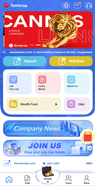Screenshot of the Tombras platform’s main page, showcasing various sections including GOLD and BRONZE membership tiers, a congratulatory message for a 360 KES reward, and options for depositing, withdrawing, and joining the platform. The page also features a tier list, wealth fund, VIP membership level, and several job and mining-related tasks.