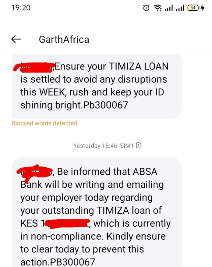 An intimidating SMS, ostensibly sent by a third-party debt collector acting on behalf of Absa Bank’s Timiza loan product, threatens to escalate the matter by contacting the recipient’s employer over an alleged outstanding loan. The message employs fear, reputational coercion, and veiled threats, which are the hallmarks of unethical recovery practices to pressure immediate payment while flagrantly disregarding data privacy norms and professional boundaries.