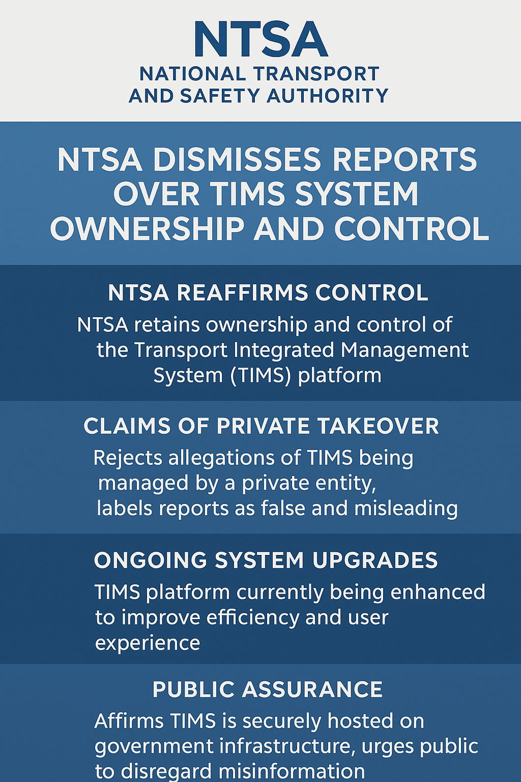 A digital infographic by the National Transport and Safety Authority (NTSA) clarifying the ownership and management of the Transport Integrated Management System (TIMS), featuring bold NTSA branding and key statements refuting misinformation.