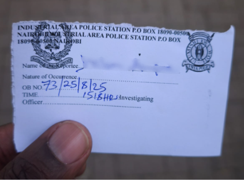 An official police report filed on Monday, 25th August 2025, at Industrial Area Police Station in Nairobi.