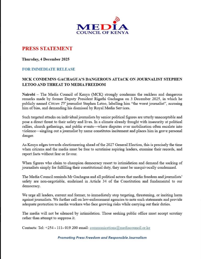 Media Council Condemns Gachagua's 'Dangerous' Attack on Stephen Letoo Over Kariobangi Chaos