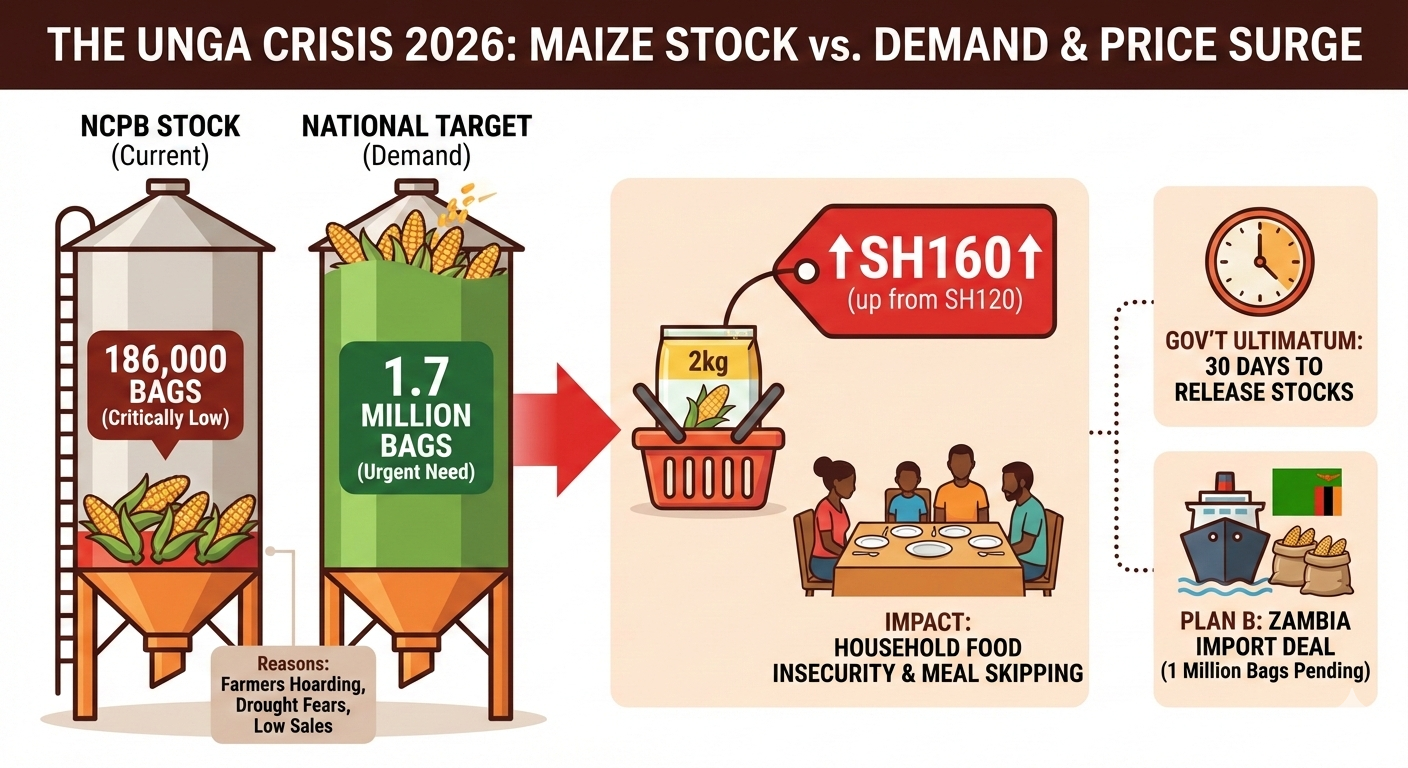 Infographic titled "The Unga Crisis 2026" comparing current NCPB stocks (186k bags) vs national demand (1.7M bags), highlighting the Sh160 price surge and the government's 30-day ultimatum or Zambia import deal.