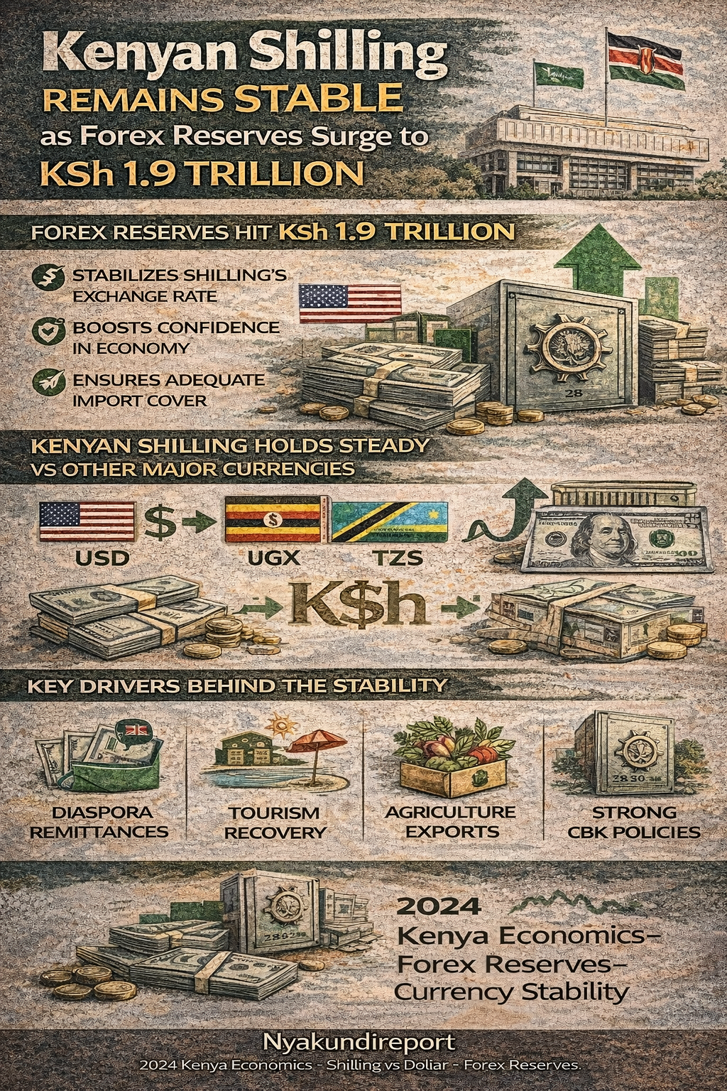 Kenya’s shilling has remained stable against the US dollar and EAC currencies as CBK’s foreign exchange reserves climb to a record KSh 1.9 trillion
