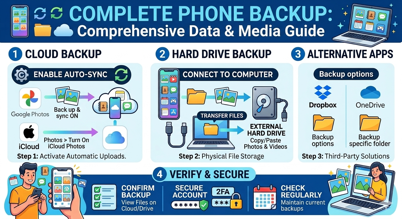 Create an image illustrating Complete Phone Backup Guide: Never Lose Your Photos Again