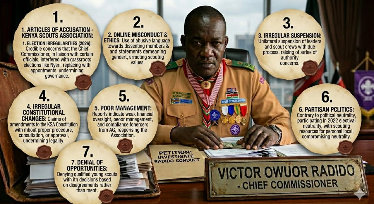 Reports of election manipulation, political interference, constitutional changes, and mismanagement of public funds have sparked a governance crisis at the Kenya Scouts Association (KSA), with Chief Commissioner Victor Radido facing criticism over concentration of power and deviation from scouting values.