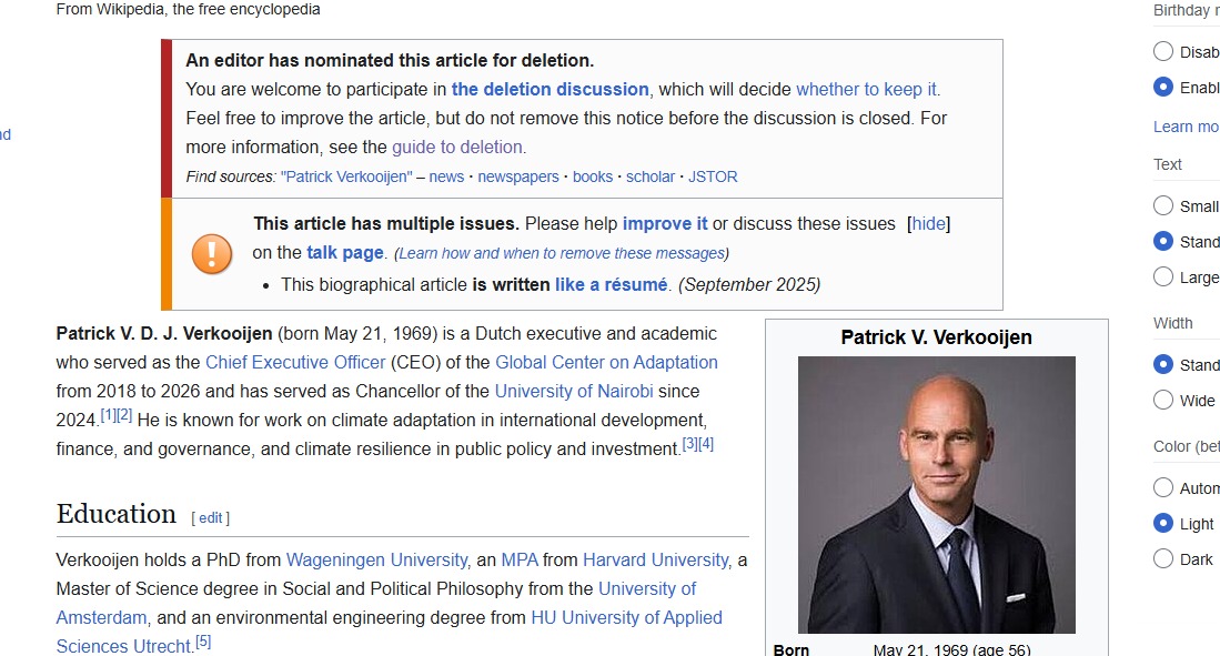 Patrick Verkooijen deletes his Wikipedia Page amid the Global Center on Adaptation Crisis