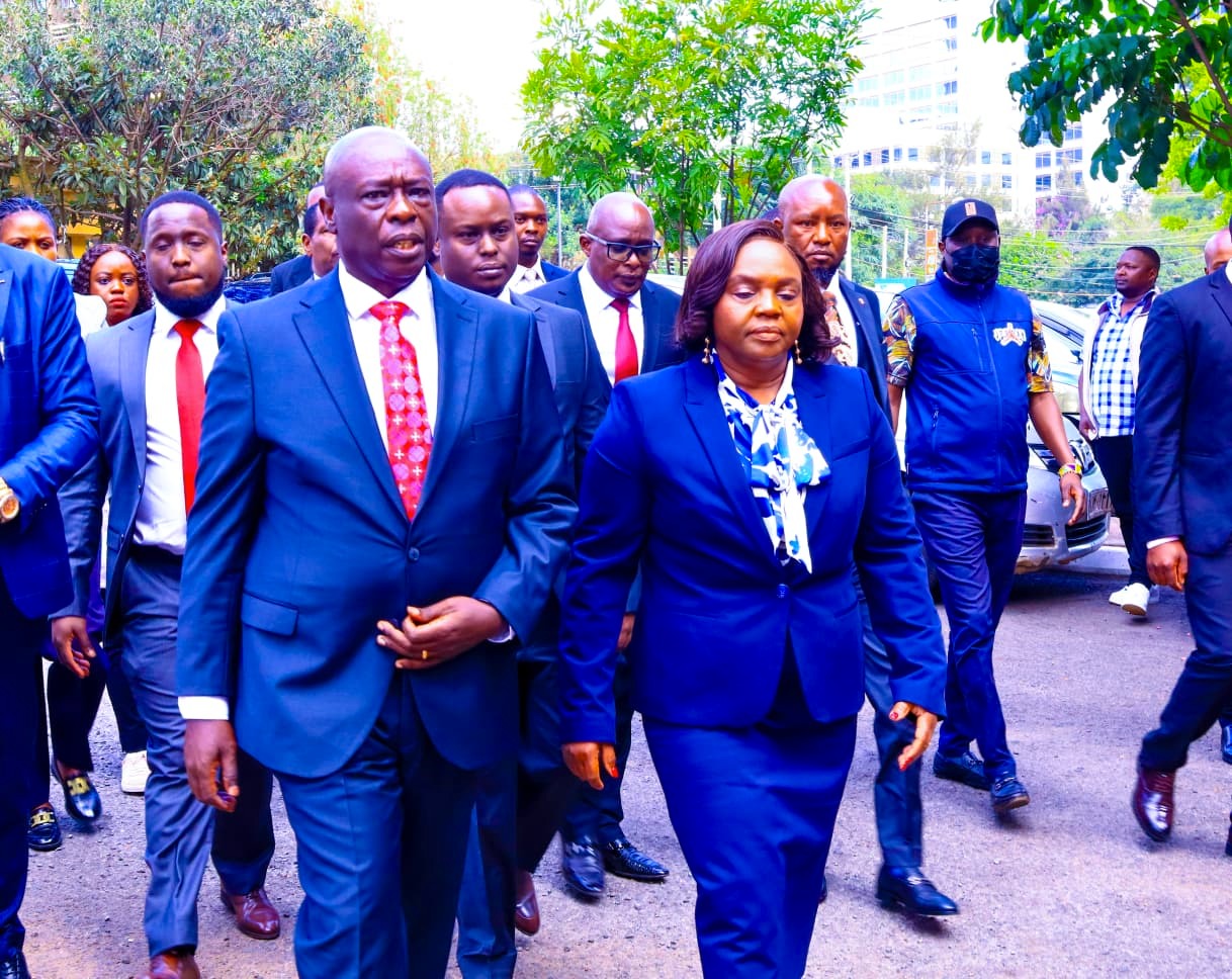 DCP leader Rigathi Gachagua arrives at Milimani Law Courts flanked by family and political allies