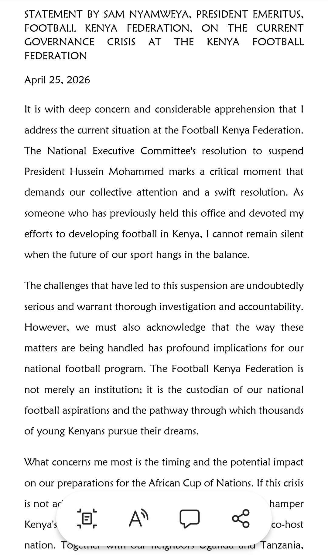Former FKF President Sam Nyamweya issues statement, warns ongoing crisis could derail AFCON 2027 preparations