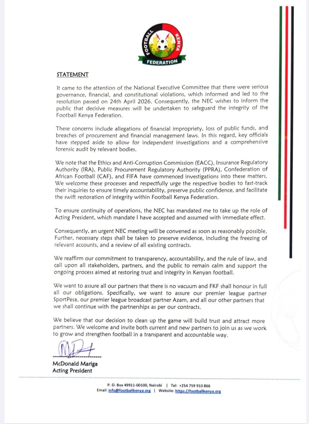 McDonald Mariga accepts role as acting FKF president following suspension of Hussein Mohamed